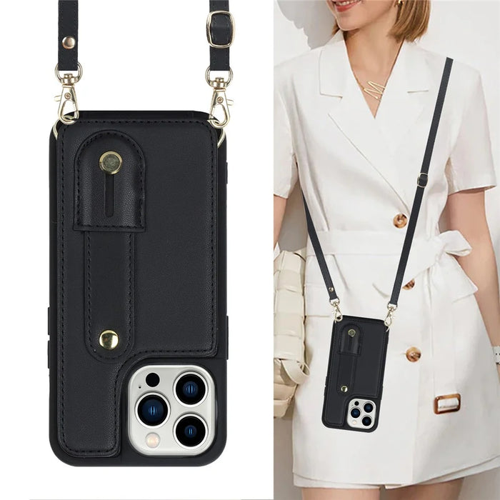 For iPhone 15 Pro Max Card Slots Kickstand Case PU Leather Coated TPU Phone Cover with Shoulder Strap - Black - 5