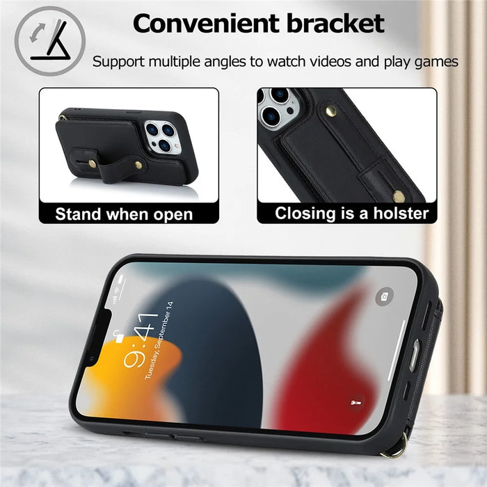 For iPhone 15 Pro Max Card Slots Kickstand Case PU Leather Coated TPU Phone Cover with Shoulder Strap - Black - 7