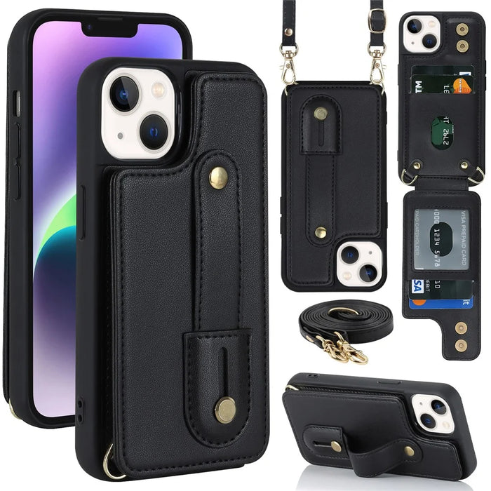 Card Holder Shell for iPhone 15 , Kickstand Case PU Leather Coated TPU Phone Cover with Shoulder Strap - Black - 1