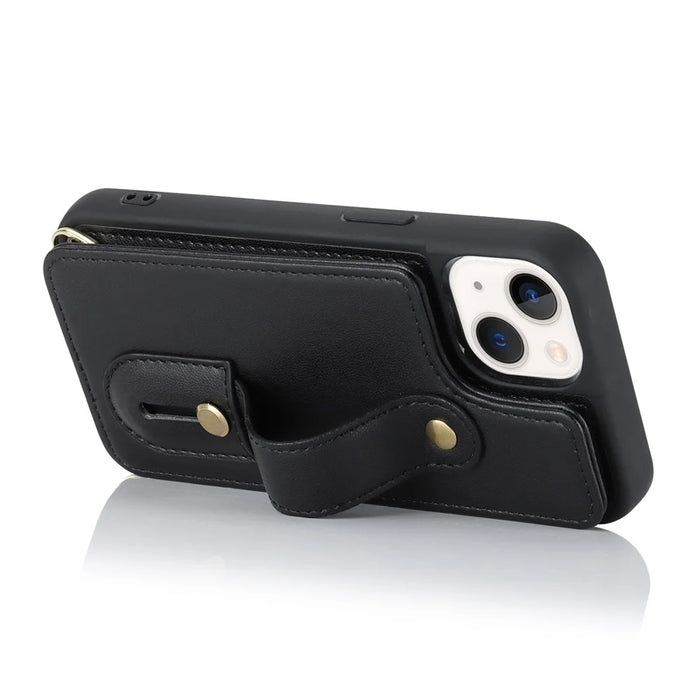 Card Holder Shell for iPhone 15 , Kickstand Case PU Leather Coated TPU Phone Cover with Shoulder Strap - Black - 2