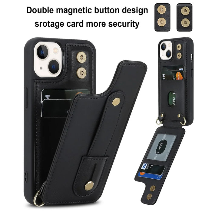 Card Holder Shell for iPhone 15 , Kickstand Case PU Leather Coated TPU Phone Cover with Shoulder Strap - Black - 3