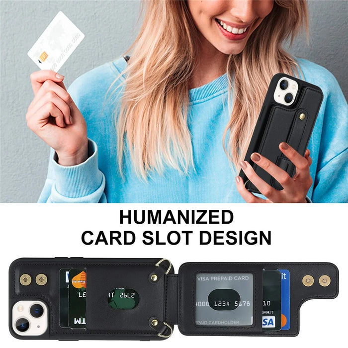 Card Holder Shell for iPhone 15 , Kickstand Case PU Leather Coated TPU Phone Cover with Shoulder Strap - Black - 4