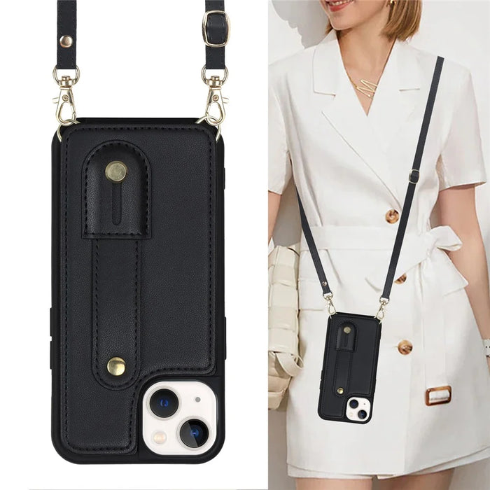 Card Holder Shell for iPhone 15 , Kickstand Case PU Leather Coated TPU Phone Cover with Shoulder Strap - Black - 5