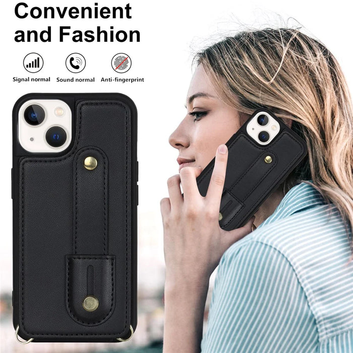 Card Holder Shell for iPhone 15 , Kickstand Case PU Leather Coated TPU Phone Cover with Shoulder Strap - Black - 6