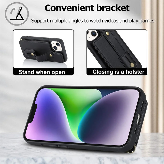 Card Holder Shell for iPhone 15 , Kickstand Case PU Leather Coated TPU Phone Cover with Shoulder Strap - Black - 7
