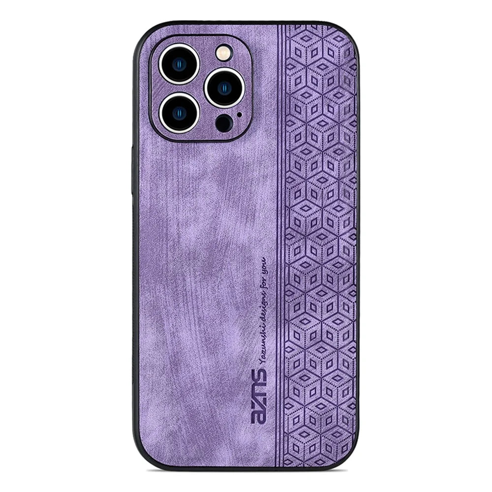 AZNS For iPhone 15 Pro Max Mobile Phone Case PU Leather Coated TPU Imprinted Pattern Protection Cover - Purple - 1