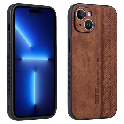 AZNS For iPhone 15 Imprinted Pattern Phone Case PU Leather Coated TPU Phone Back Cover - Brown - 1