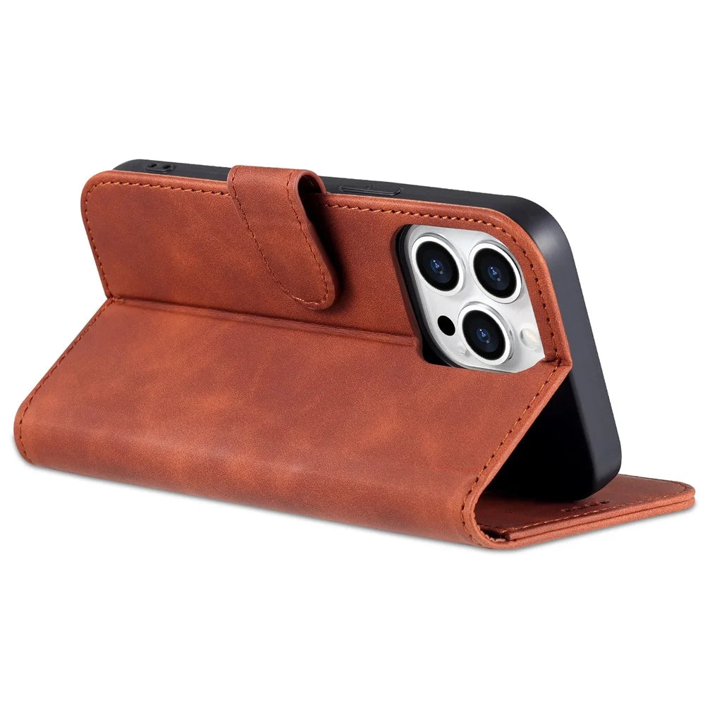 AZNS For iPhone 15 Pro Max Stand Wallet Anti-Scratch Phone Cover PU Leather Dustproof Cell Phone Case - Brown - 4