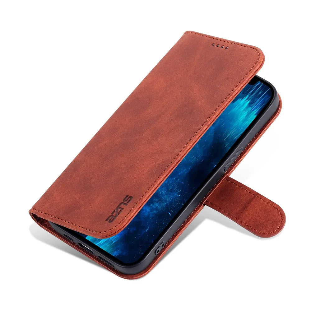 AZNS For iPhone 15 Pro Max Stand Wallet Anti-Scratch Phone Cover PU Leather Dustproof Cell Phone Case - Brown - 6