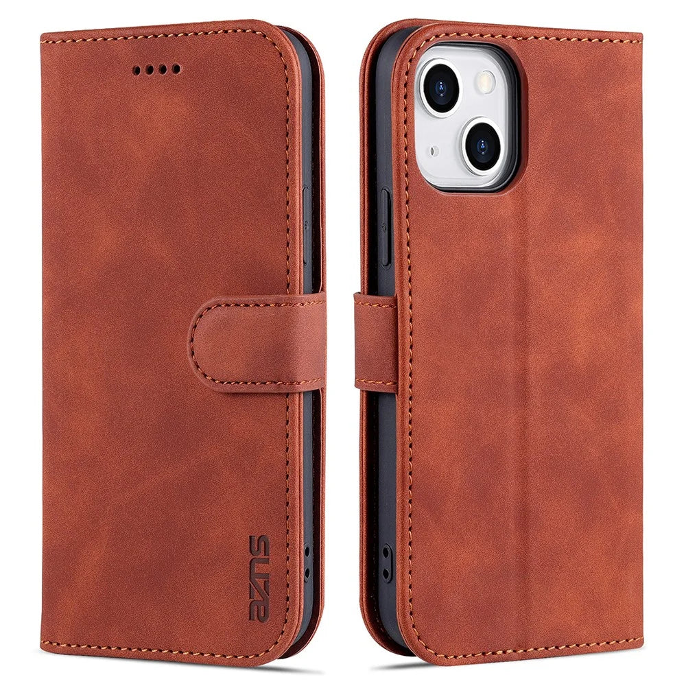 AZNS For iPhone 15 Anti-Scratch Phone Cover Stand Wallet PU Leather Dustproof Cell Phone Case - Brown - 1