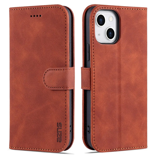 AZNS For iPhone 15 Anti-Scratch Phone Cover Stand Wallet PU Leather Dustproof Cell Phone Case - Brown - 1
