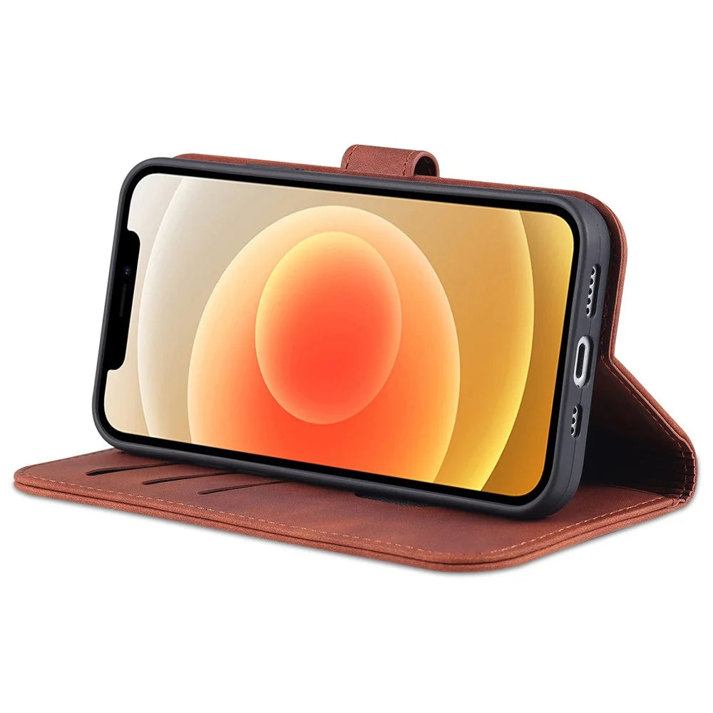 AZNS For iPhone 15 Plus Dustproof Cell Phone Cover Stand Wallet PU Leather Phone Case - Brown - 3