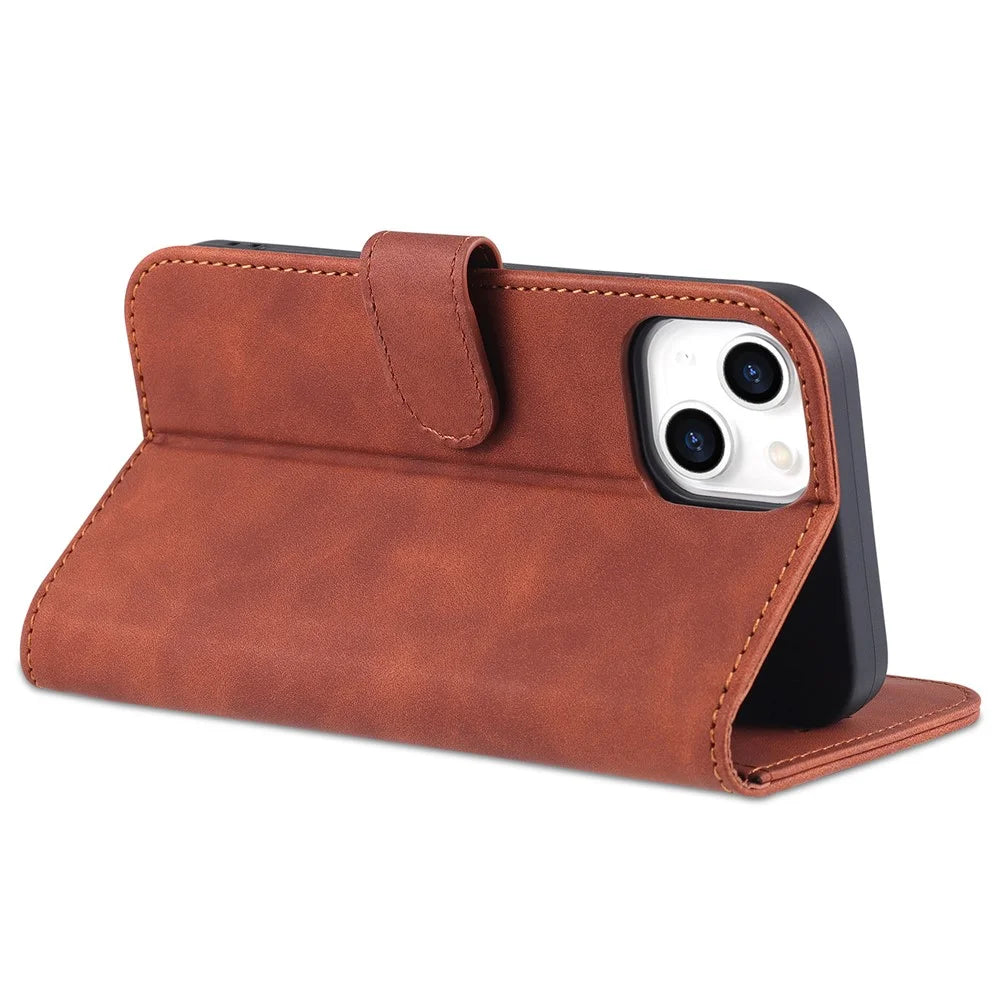 AZNS For iPhone 15 Plus Dustproof Cell Phone Cover Stand Wallet PU Leather Phone Case - Brown - 4