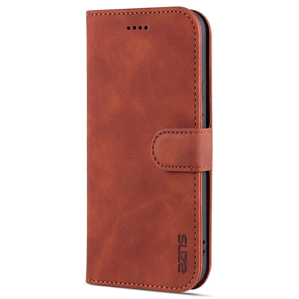 AZNS For iPhone 15 Plus Dustproof Cell Phone Cover Stand Wallet PU Leather Phone Case - Brown - 6