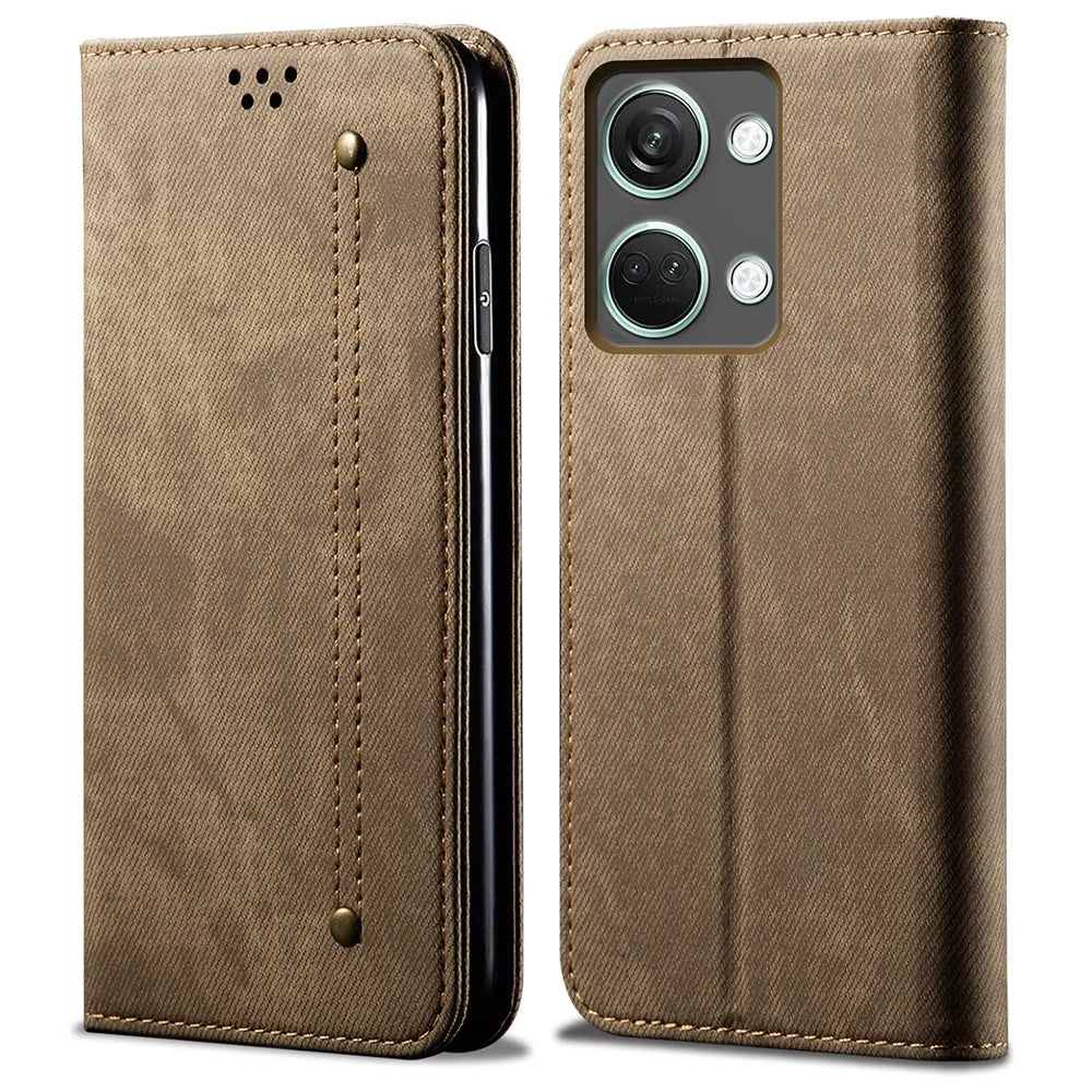 For OnePlus Ace 2V / Nord 3 5G Jeans Cloth Texture Wallet Phone Case PU Leather Stand Cover - Khaki - 1