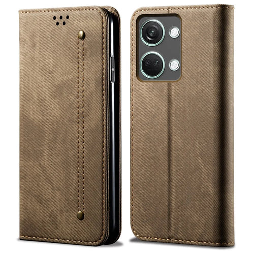 For OnePlus Ace 2V / Nord 3 5G Jeans Cloth Texture Wallet Phone Case PU Leather Stand Cover - Khaki - 1