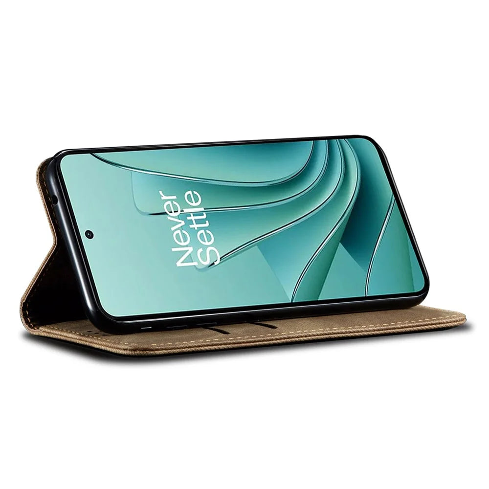 For OnePlus Ace 2V / Nord 3 5G Jeans Cloth Texture Wallet Phone Case PU Leather Stand Cover - Khaki - 3