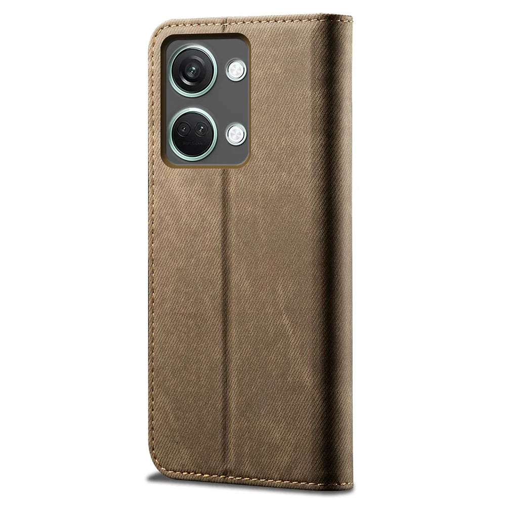 For OnePlus Ace 2V / Nord 3 5G Jeans Cloth Texture Wallet Phone Case PU Leather Stand Cover - Khaki - 6