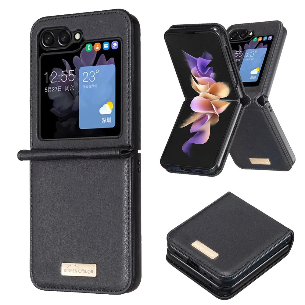 BINFEN COLOR For Samsung Galaxy Z Flip5 5G PU Leather+PC Phone Case Ultra Slim Shockproof Protective Cover - Black - 1