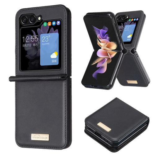 BINFEN COLOR For Samsung Galaxy Z Flip5 5G PU Leather+PC Phone Case Ultra Slim Shockproof Protective Cover - Black - 1