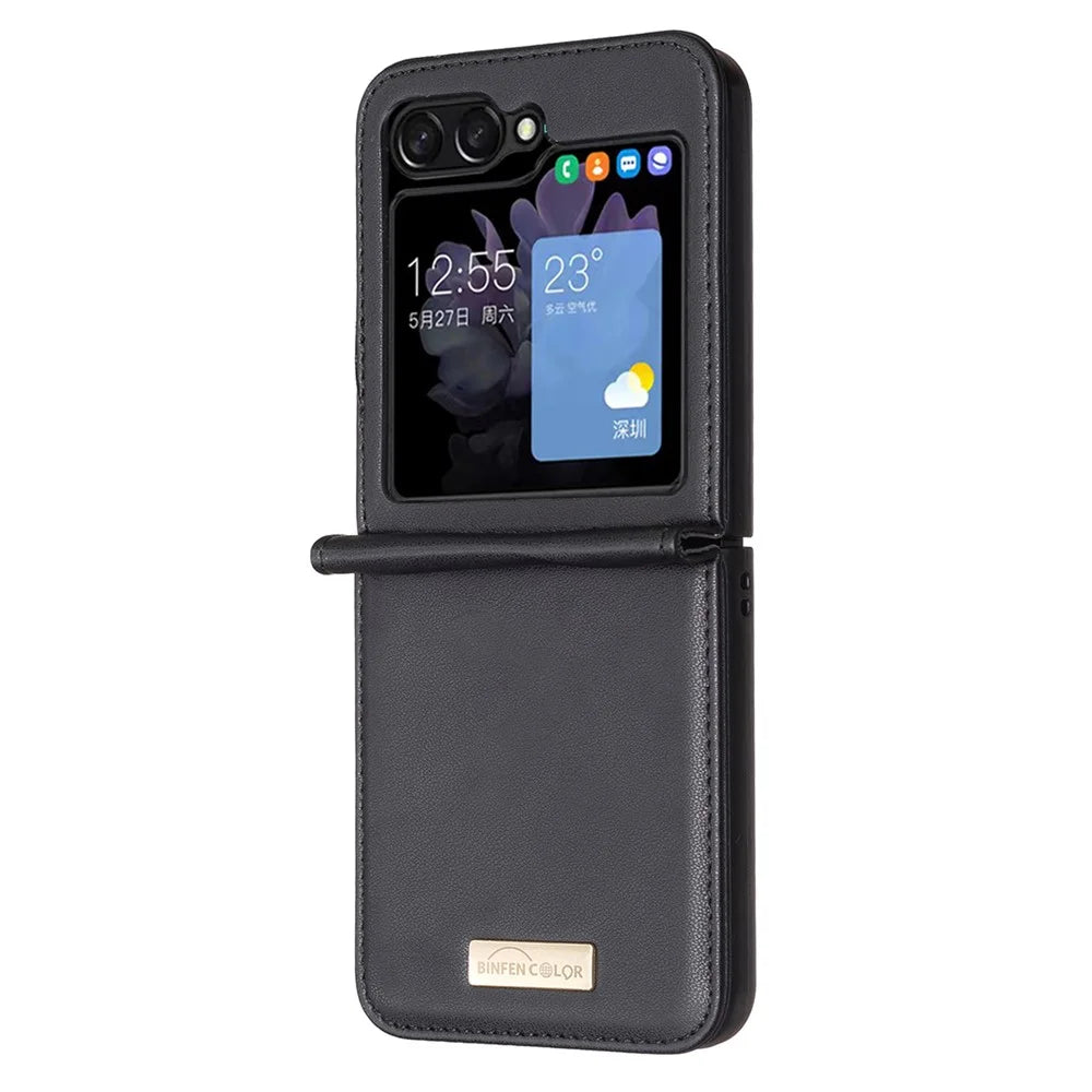 BINFEN COLOR For Samsung Galaxy Z Flip5 5G PU Leather+PC Phone Case Ultra Slim Shockproof Protective Cover - Black - 3