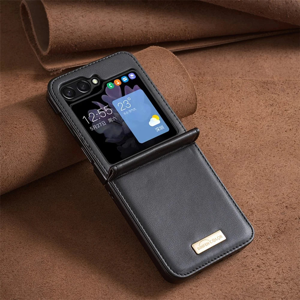 BINFEN COLOR For Samsung Galaxy Z Flip5 5G PU Leather+PC Phone Case Ultra Slim Shockproof Protective Cover - Black - 6