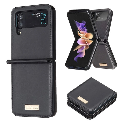 BINFEN COLOR For Samsung Galaxy Z Flip3 5G Phone Case PU Leather+PC Anti-Scratch Cover - Black - 1