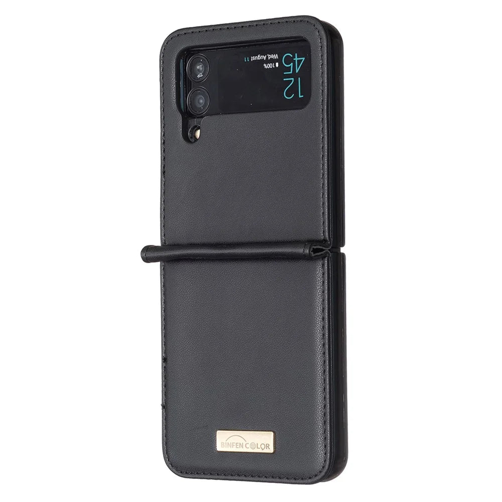 BINFEN COLOR For Samsung Galaxy Z Flip3 5G Phone Case PU Leather+PC Anti-Scratch Cover - Black - 3