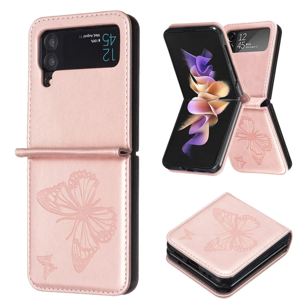 For Samsung Galaxy Z Flip4 5G Imprinted Butterfly Phone Case PU Leather + PC Slim Fit Cover - Rose Gold - 1