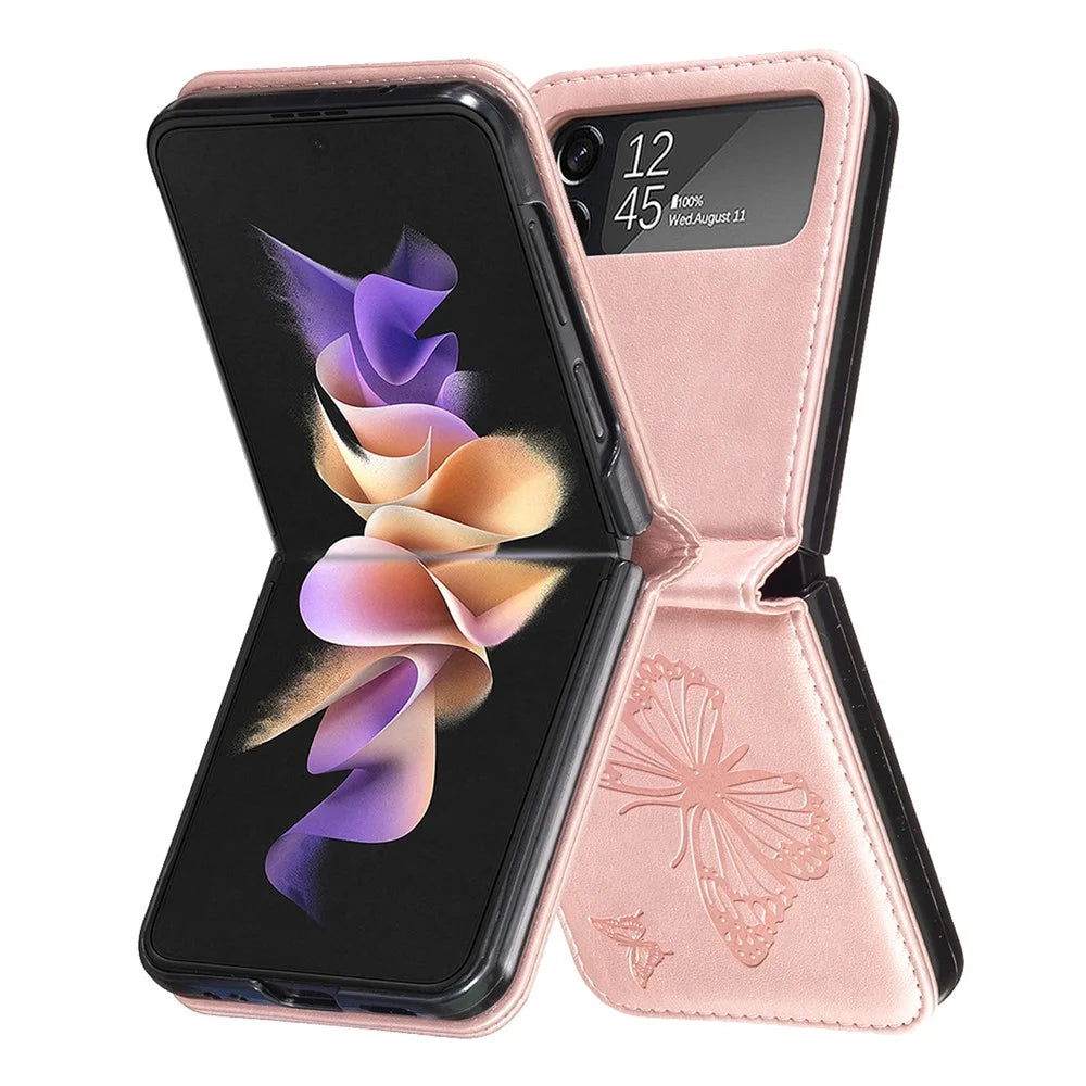 For Samsung Galaxy Z Flip4 5G Imprinted Butterfly Phone Case PU Leather + PC Slim Fit Cover - Rose Gold - 2