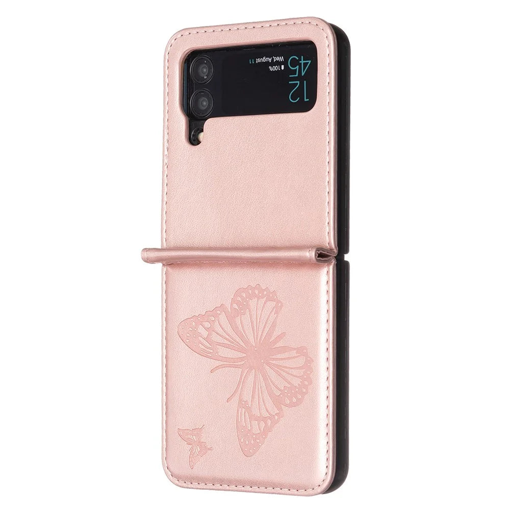 For Samsung Galaxy Z Flip4 5G Imprinted Butterfly Phone Case PU Leather + PC Slim Fit Cover - Rose Gold - 3