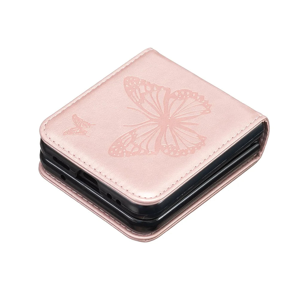 For Samsung Galaxy Z Flip4 5G Imprinted Butterfly Phone Case PU Leather + PC Slim Fit Cover - Rose Gold - 4