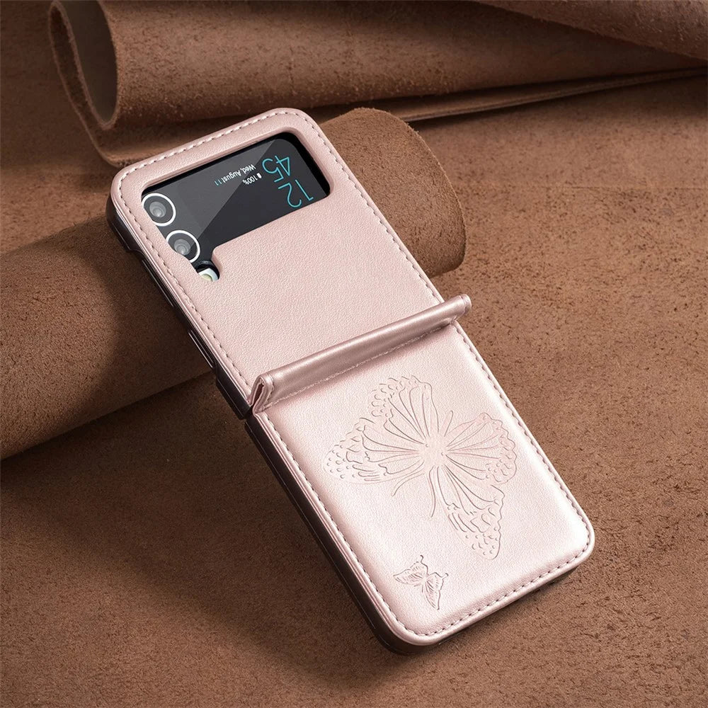 For Samsung Galaxy Z Flip4 5G Imprinted Butterfly Phone Case PU Leather + PC Slim Fit Cover - Rose Gold - 6