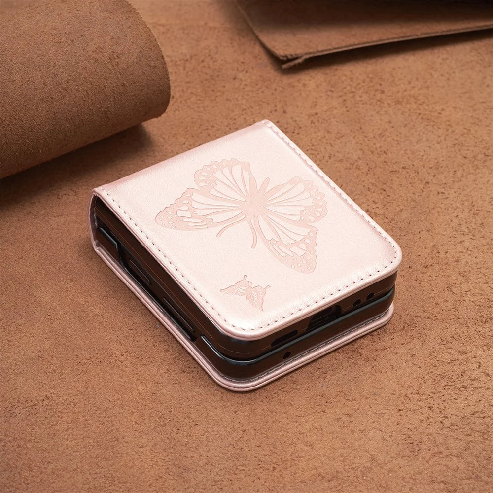 For Samsung Galaxy Z Flip4 5G Imprinted Butterfly Phone Case PU Leather + PC Slim Fit Cover - Rose Gold - 7