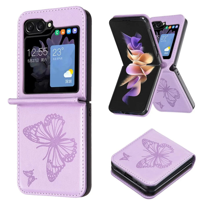 For Samsung Galaxy Z Flip5 5G PU Leather + PC Phone Case Butterfly Pattern Imprinted Shockproof Cover - Purple - 1