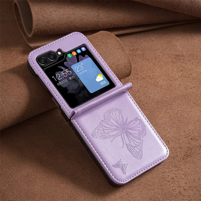 For Samsung Galaxy Z Flip5 5G PU Leather + PC Phone Case Butterfly Pattern Imprinted Shockproof Cover - Purple - 6