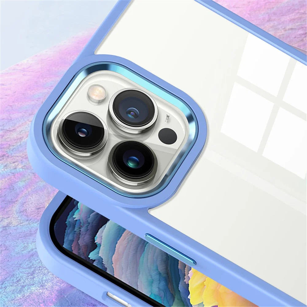 For iPhone 15 Pro Max TPU+Hard PC Metal Button Lens Frame Cover Phone Shell Clear Phone Case - Blue - 3