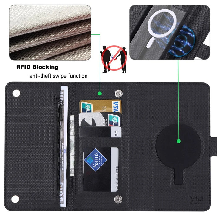 VILI GHB Series for iPhone 14 Pro Max Leather Case Compatible with MagSafe RFID Blocking Zipper Pocket Phone Cover - Black - 5