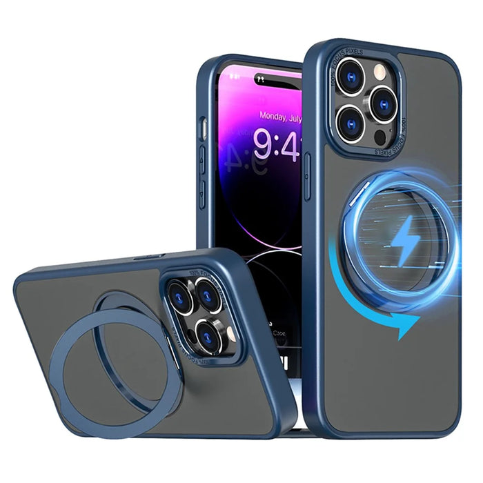 Style-B Drop Impact Phone Case for iPhone 14 Pro , Acrylic+TPU Rotating Ring Holder Kickstand Cover - Blue - 1