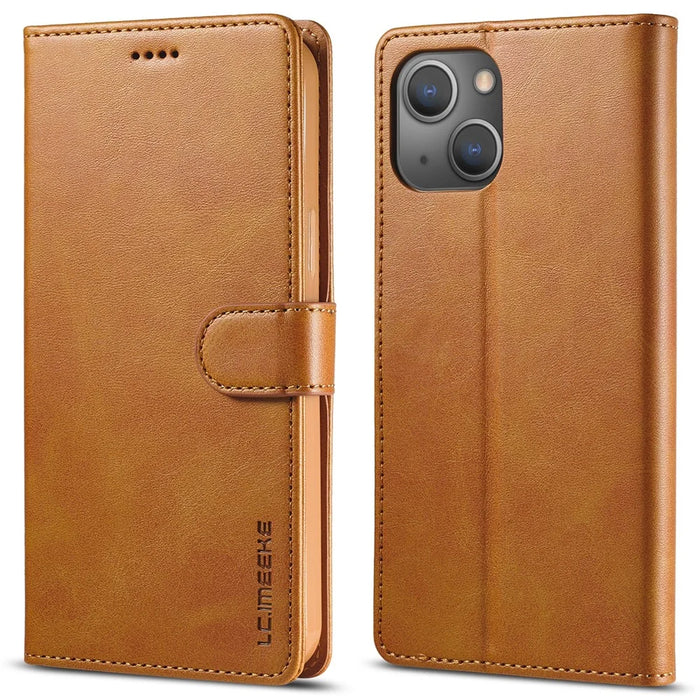 LC.IMEEKE For iPhone 15 Drop Resistant Wallet Case PU Leather Calf Texture Stand Flip Cover - Yellow - 1