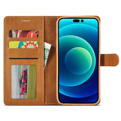 LC.IMEEKE For iPhone 15 Drop Resistant Wallet Case PU Leather Calf Texture Stand Flip Cover - Yellow - 2