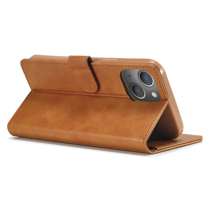 LC.IMEEKE For iPhone 15 Drop Resistant Wallet Case PU Leather Calf Texture Stand Flip Cover - Yellow - 3