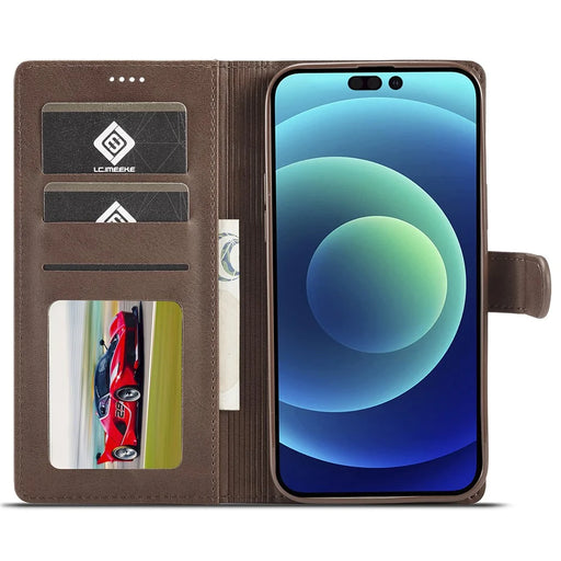 LC.IMEEKE Wallet Case for iPhone 15 Pro , Full Protection PU Leather Calf Texture Stand Flip Cover - Brown - 2