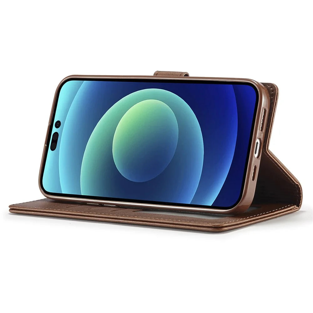 LC.IMEEKE For iPhone 15 Pro Max Wallet Case Calf Texture Foldable Stand PU Leather Flip Cover - Brown - 3