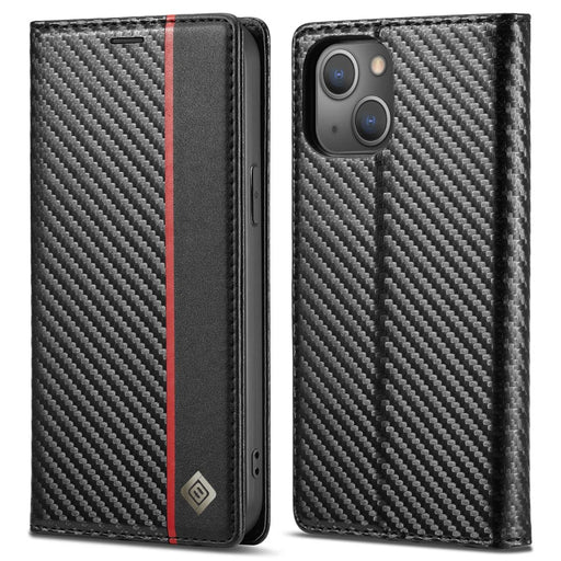 LC.IMEEKE For iPhone 15 Plus Folio Flip Leather Stand Cover Carbon Fiber Texture Wallet Phone Case - Vertical Stripe - 1