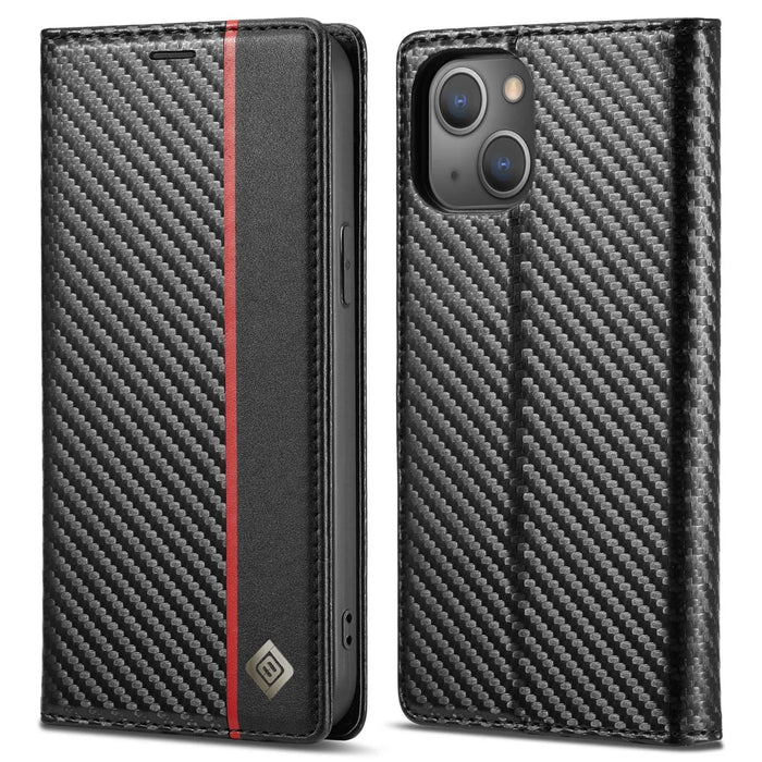 LC.IMEEKE For iPhone 15 Plus Folio Flip Leather Stand Cover Carbon Fiber Texture Wallet Phone Case - Vertical Stripe - 1