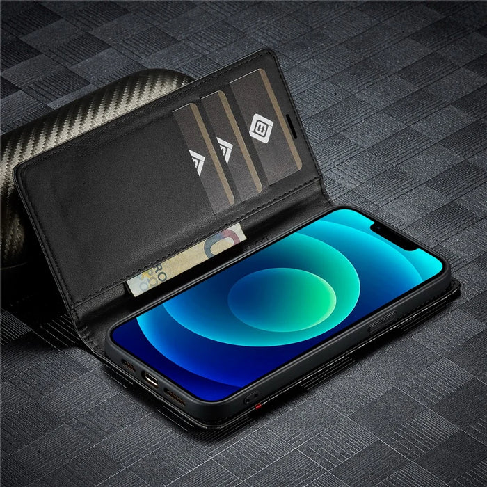 LC.IMEEKE For iPhone 15 Plus Folio Flip Leather Stand Cover Carbon Fiber Texture Wallet Phone Case - Vertical Stripe - 4