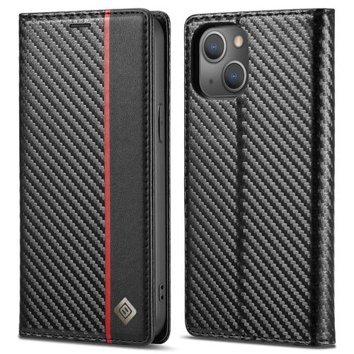 LC.IMEEKE For iPhone 15 Scratch Resistant Leather Stand Cover Carbon Fiber Texture Wallet Phone Case - Vertical Stripe - 1