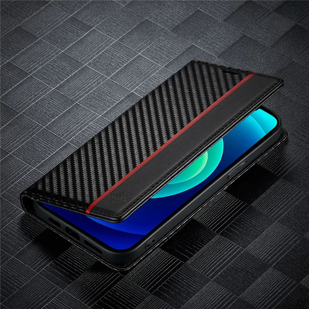 LC.IMEEKE For iPhone 15 Scratch Resistant Leather Stand Cover Carbon Fiber Texture Wallet Phone Case - Vertical Stripe - 5