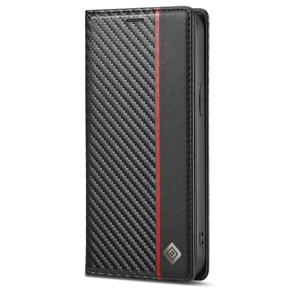 LC.IMEEKE For iPhone 15 Scratch Resistant Leather Stand Cover Carbon Fiber Texture Wallet Phone Case - Vertical Stripe - 7